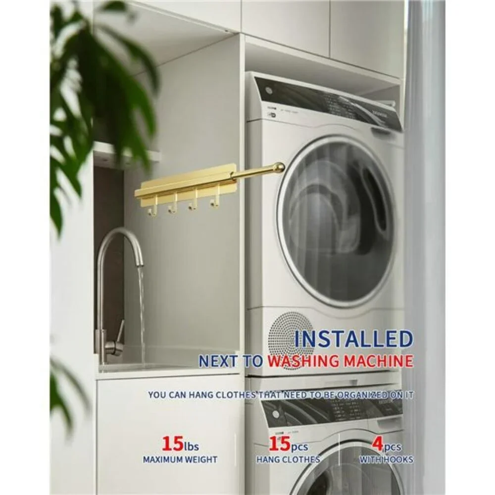 Gold Adhesive Closet Valet Rod 12 Inch Pull Out Clothes Hanger with Hooks Storag